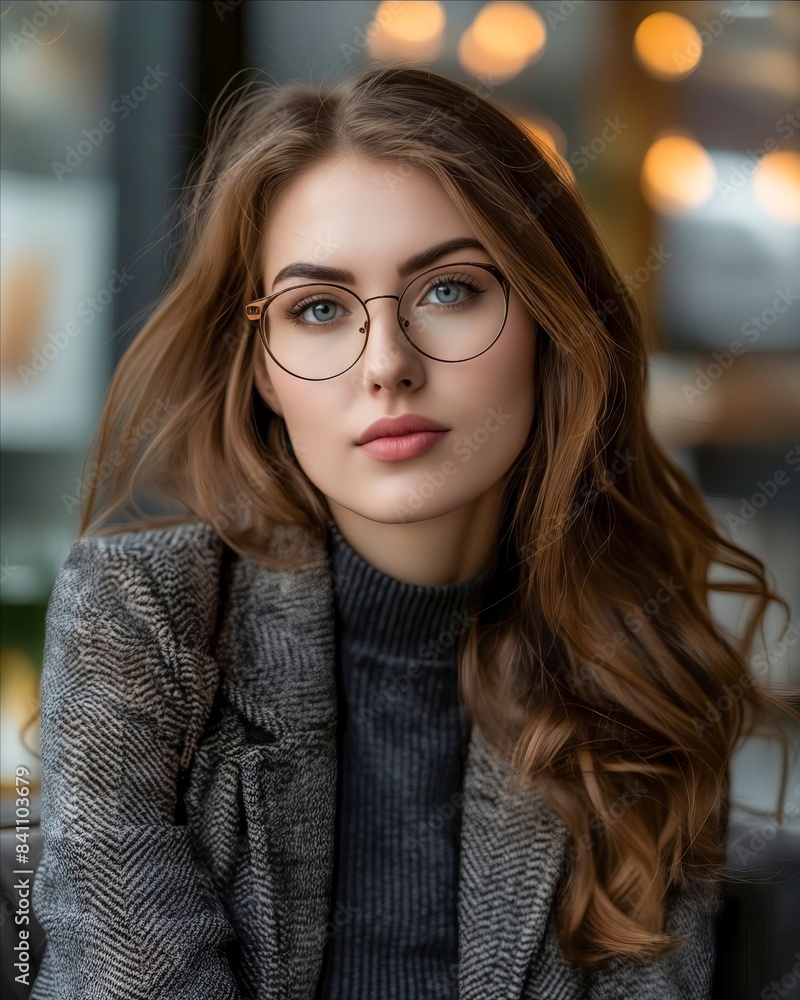 A beautiful woman wearing glasses in a cafe. A beautiful woman wearing glasses in a cafe.