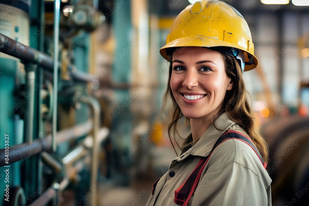 A woman in a hard hat smiling in styrofoam. A woman in a hard hat smiling in styrofoam.