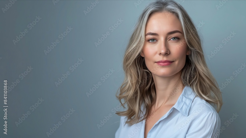 Fototapeta premium A woman with long blonde hair and blue shirt.