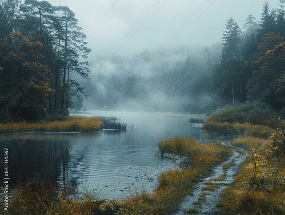 Serene Misty Forest Lake with Autumn Foliage and Pine Trees, Tranquil Pathway, and Reflective Water Surface in Early Morning Fog