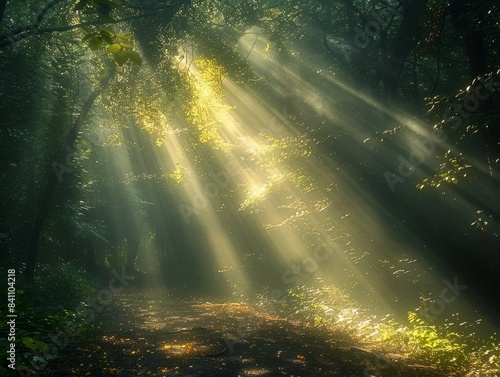 Sunlight Streaming Through Lush Forest Canopy Creating Ethereal Atmosphere with Rays of Light Illuminating Pathway in Serene Woodland Setting