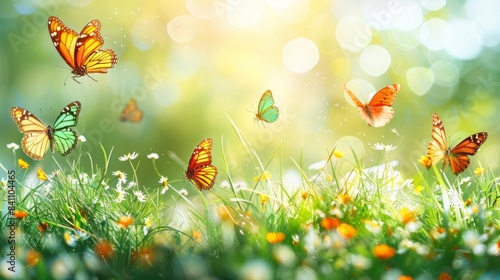 Abstract natural background featuring vibrant green grass and colorful butterflies, creating a lively and serene outdoor scene. AI Generative.