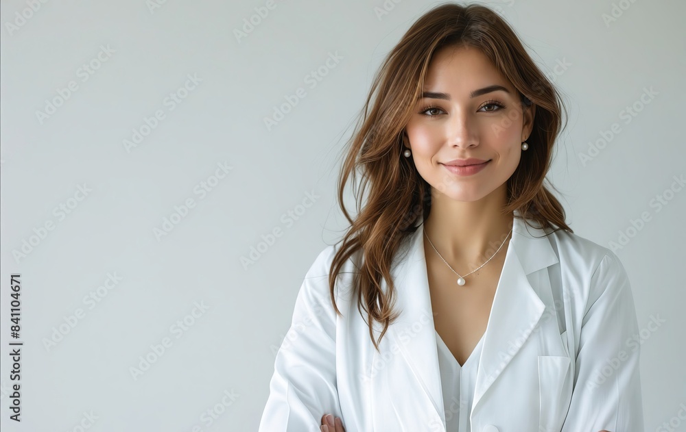 A woman in white coat standing with her arms crossed. A woman in white coat standing with her arms crossed.