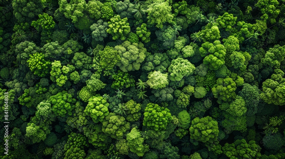 Aerial view of dense tree tops forming a lush, verdant forest canopy, symbolizing tranquility and the bounty of nature, with rich green hues. AI Generative.