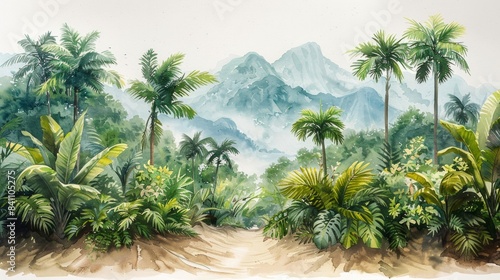 Watercolor illustration of a tropical jungle with lush palm trees and vibrant greenery  creating a serene atmosphere. AI Generative.