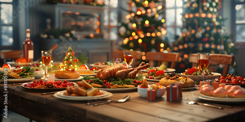 a table set for Christmas dinner with a variety of foods and utensils.