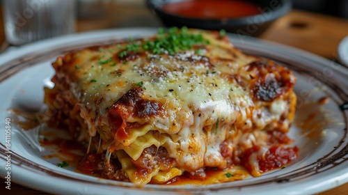 A plate of tasty thick lasagna on a table