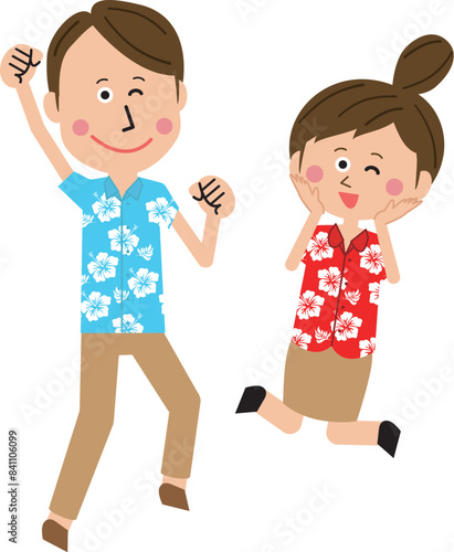 ポップな旅行代理店の男女が笑顔で元気にジャンプ！