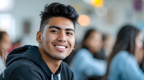 Latino male college student sitting a classroom smiling, student study in class, with copy space