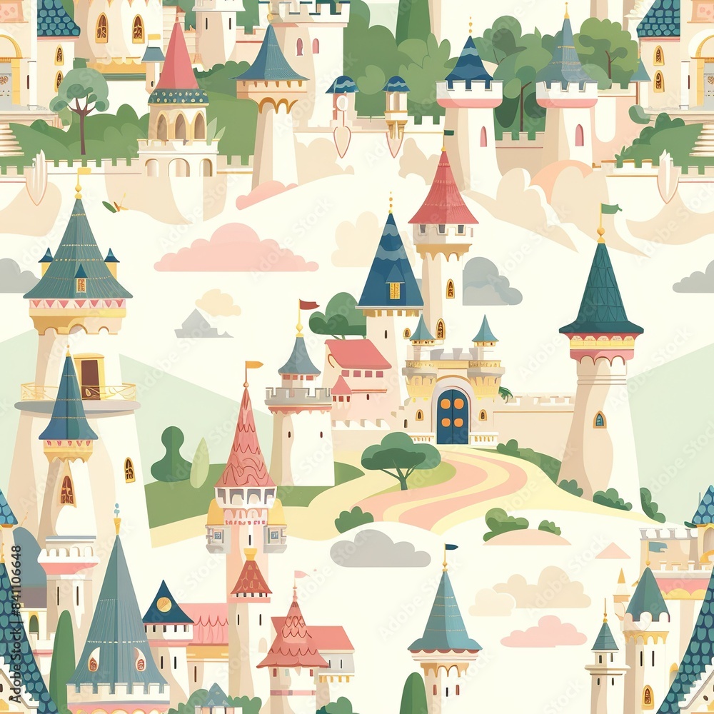 An enchanting depiction of a fairy tale castle playset, with turrets, drawbridges, and secret passages, inviting children into a world of magical adventures. Minimal pattern banner wallpaper, simple An enchanting depiction of a fairy tale castle playset, with turrets, drawbridges, and secret passages, inviting children into a world of magical adventures. Minimal pattern banner wallpaper, simple