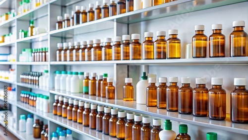 Close-up of medicine bottles arranged neatly on shelves in a drug store   medicine  pharmacy