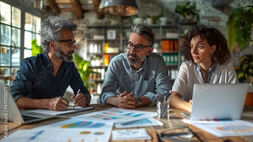 Middle-aged couple exploring retirement savings plans with a financial planner, using digital tools and charts, modern office space, advisor providing expert guidance