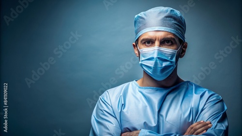 Professional male surgeon in blue surgical gown and mask standing in a pose isolated on background, surgeon, doctor, male, professional, healthcare
