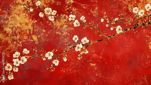 Traditional gold foil art red and white plum blossom illustration poster background