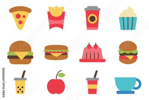 fast food flat icon set on background