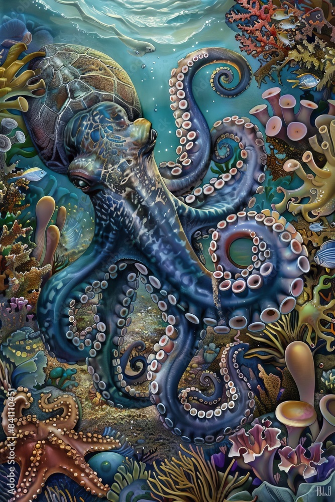 Obraz premium Beach Ocean Sea ,Turtle ,Octopus, Coastal, Whale, Seahorse 