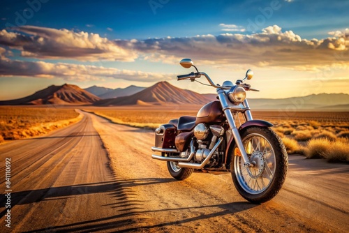 Powerful Harley Davidson motorcycle parked on a desert road, motorcycle, Harley Davidson, biker, vintage, engine, leather © wasana