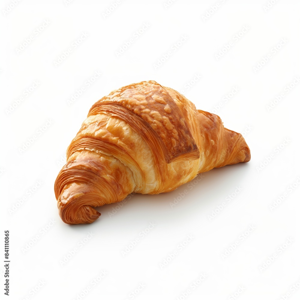 A croissant isolated on a white background, highlighting its golden-brown, flaky exterior and soft, buttery interior.