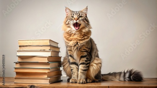 Yawning cat sitting on a pile of unread books, cat, yawning, books, pile, reading, lazy, adorable, feline, cute, literature
