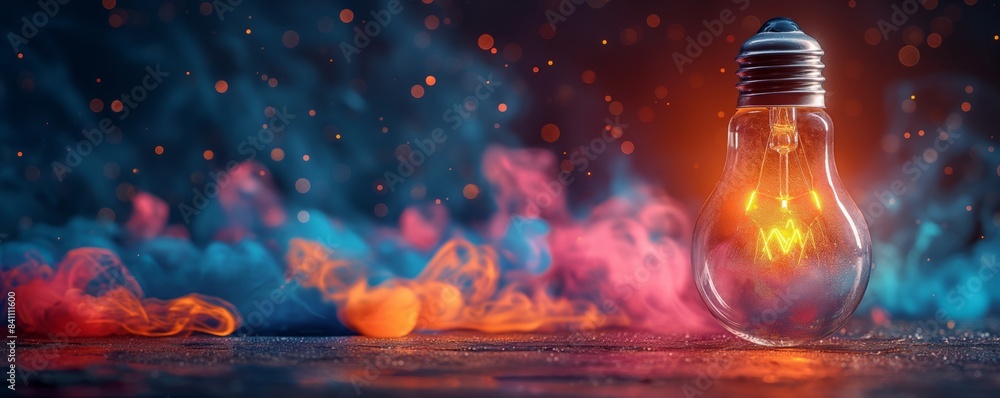 Glowing bulb amidst blue and orange mist Glowing bulb amidst blue and orange mist