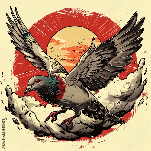 A pigeon is flying in the sky with a red sun in the background photo