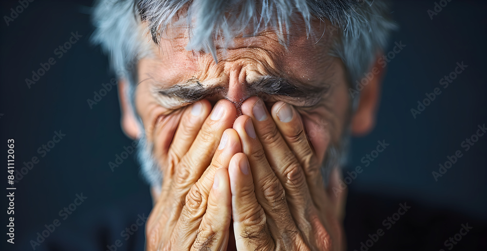 A man is crying and his hands are covering his face A man is crying and his hands are covering his face