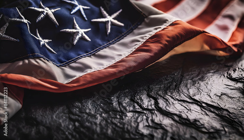 Memorial Day Banner. Premium Holiday Background featuring American Flag on Black Stone with Copy-Space