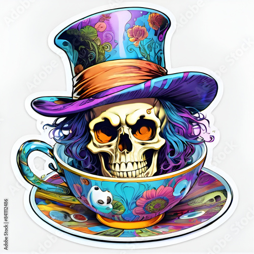 A skull is sitting in a cup with a hat on top. 