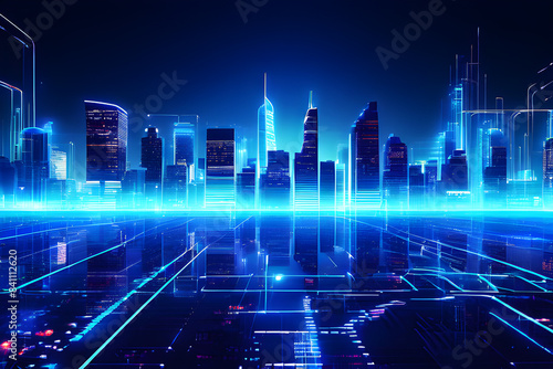 Smart city underscored by big data technology, entwined in digital blue wavy wires with antennas, set against a night megapolis city skyline, captured in a captivating double exposure.
