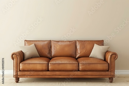 An interior background mockup featuring a leather sofa in a living room with a cream wall colour