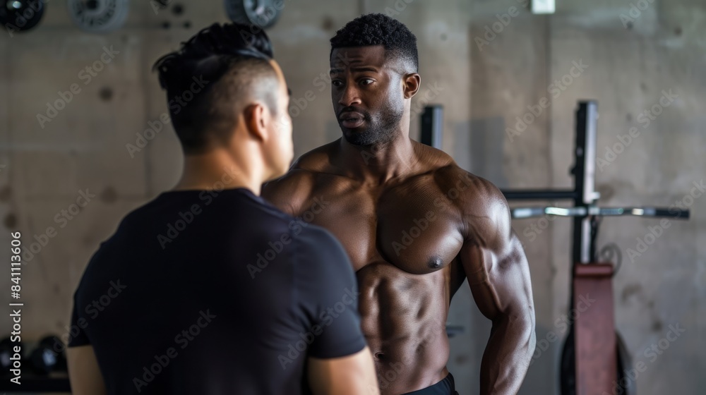A muscular man is being advised by a trainer in a gym. The man is shirtless, showing off his physique. The trainer is looking at the man with an encouraging expression. A muscular man is being advised by a trainer in a gym. The man is shirtless, showing off his physique. The trainer is looking at the man with an encouraging expression.