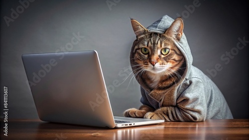 Hacker cat with computer, Cat, hacker, technology, computer, laptop, cyber, security, internet, coding, programming, feline, cute