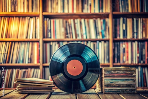 Vintage vinyl record in front of a collection of albums, music nostalgia concept, vinyl record, albums, retro