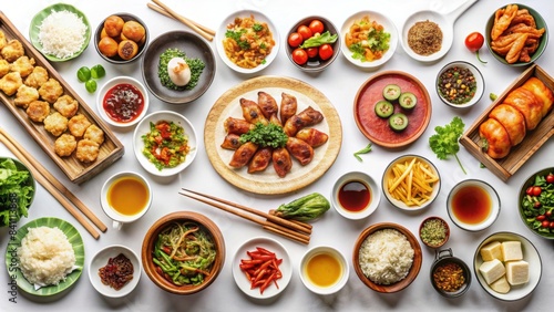 Appetizing Chinese feast from above on white background in ultra HD 8K resolution  Chinese cuisine  food  banquet