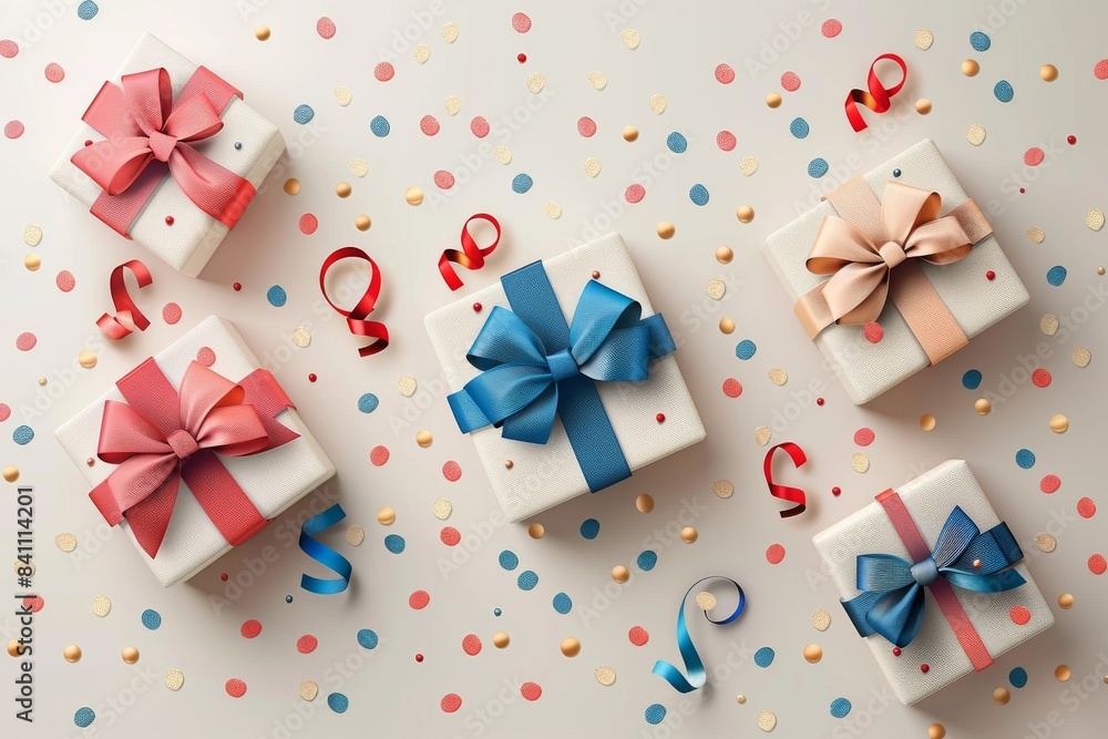 A white and blue box with a pink ribbon is on a pink background with confetti. Gift for happy birthday A white and blue box with a pink ribbon is on a pink background with confetti. Gift for happy birthday