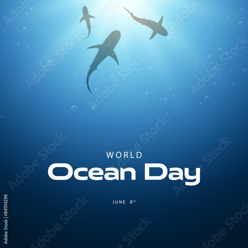 World Oceans Day. Vector illustration of seabed surrounded by sharks. Celebrated every year on June 8. Suitable for greeting cards, templates, social media, web etc