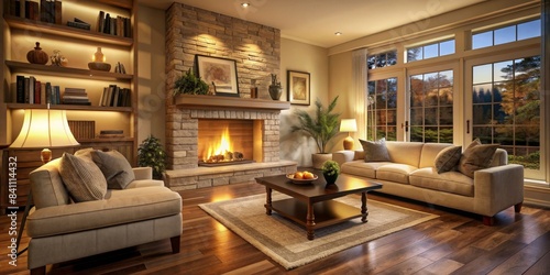 Cozy living room with a fireplace and warm lighting  home interior  cozy  living room  fireplace  warm  lighting