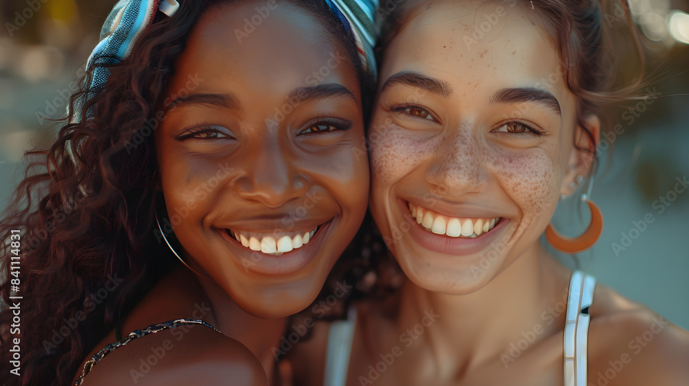 Cheerful multi-ethnic female pals joyously embracing in open air with blissful grins. Cheerful multi-ethnic female pals joyously embracing in open air with blissful grins.