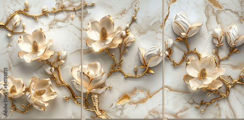 3D wallpaper with golden magnolia flowers, decorative relief, three panels in one frame, marble texture background, golden and white color palette