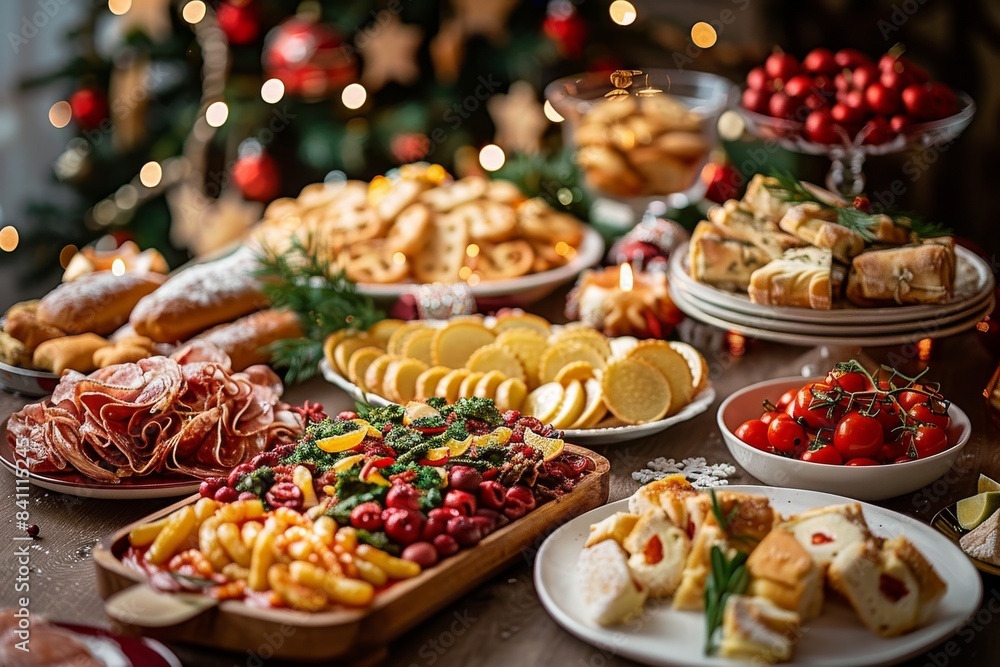 A table is covered with a variety of food, including a tray of meat A table is covered with a variety of food, including a tray of meat