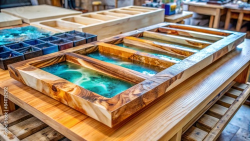 Crafting table with resin and wood, epoxy poured into mold with wooden blanks , woodworking, carpentry, DIY, handmade