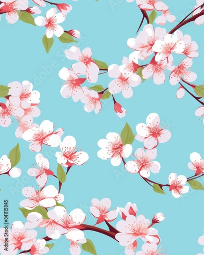 Seamless pattern of cherry blossom flowers on branches with green leaves against a bright blue background, perfect for spring designs.