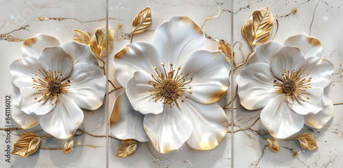3D render, white and gold flower wall art with marble background. Three pieces. Abstract decorative painting for home decoration, interior mural in the style of an abstract artist