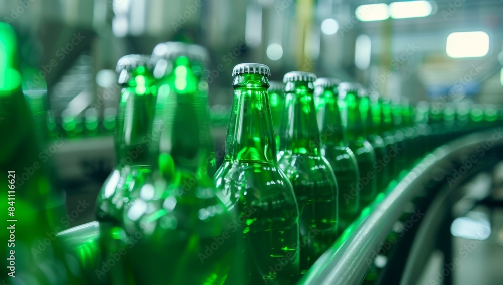 A glass green bottle line on the conveyor belt A glass green bottle line on the conveyor belt