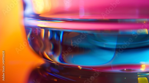 extreme macro photo of clean polished glass, edges with light from four different colors, depth of field, blurred, dark pink and dark green, blur background, natural colors, pink, red, blue, orange © rajagambar99