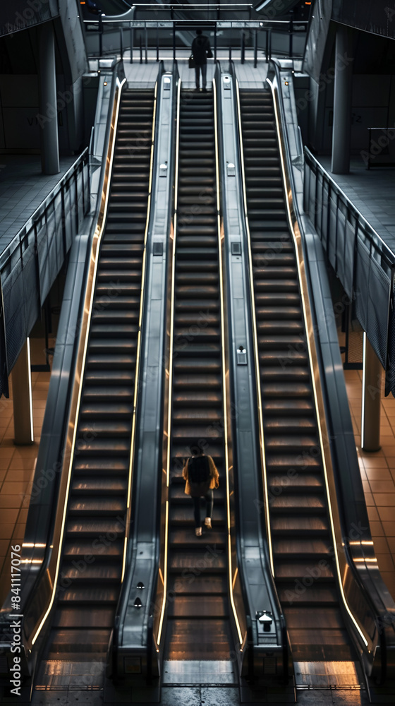 Overhead shot of an escalator at a train station Overhead shot of an escalator at a train station
