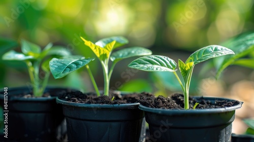 Seedlings in a black pot growing in nutrient rich soil aiming to foster a healthy climate and environment to safeguard our planet set against a verdant backdrop Symbolizing Earth Day