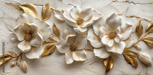3d wallpaper with white and gold magnolia flowers, decorative painting style in the style of relief sculpture art, marble background, floral mural
