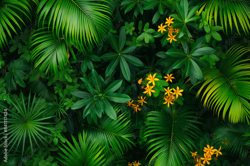 Aerial top view of tropical forest canopy with palm tree leaves, tree species and a flowering tree with yellow flowers: the diverse amazon forest seen from above Aerial top view of tropical forest canopy with palm tree leaves, tree species and a flowering tree with yellow flowers: the diverse amazon forest seen from above