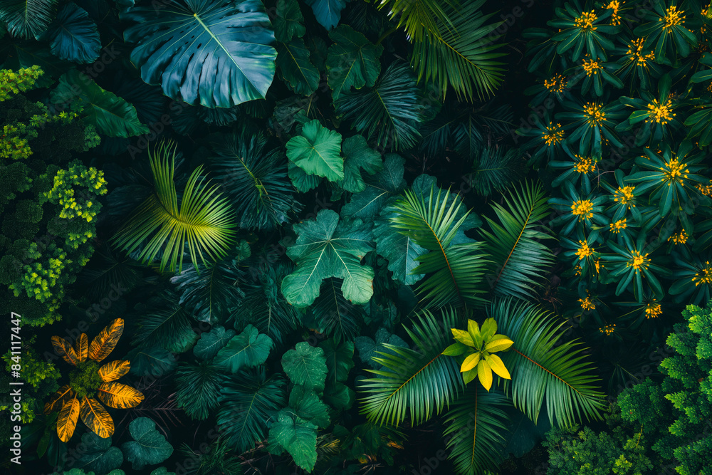 Aerial top view of tropical forest canopy with palm tree leaves, tree species and a flowering tree with yellow flowers: the diverse amazon forest seen from above Aerial top view of tropical forest canopy with palm tree leaves, tree species and a flowering tree with yellow flowers: the diverse amazon forest seen from above